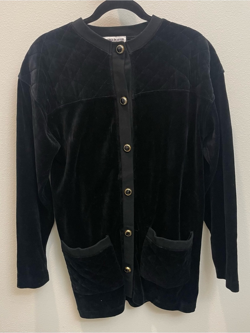 Vintage Regina Porter Black Velvet Quilted-Accent Button Jacket